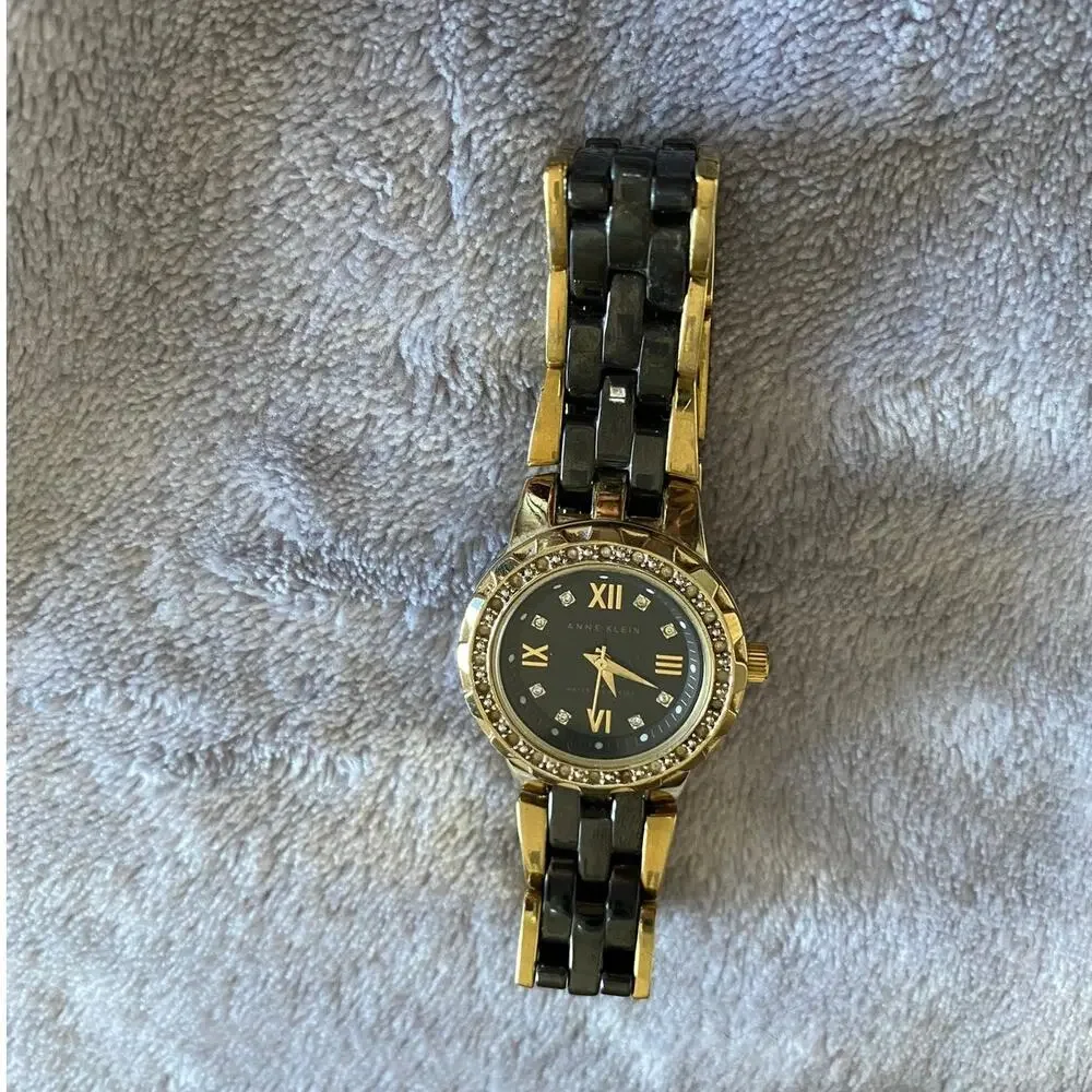 Anne Klein 10/9456 Two-Tone Gold & Black Ceramic Watch with Swarovski Crystals